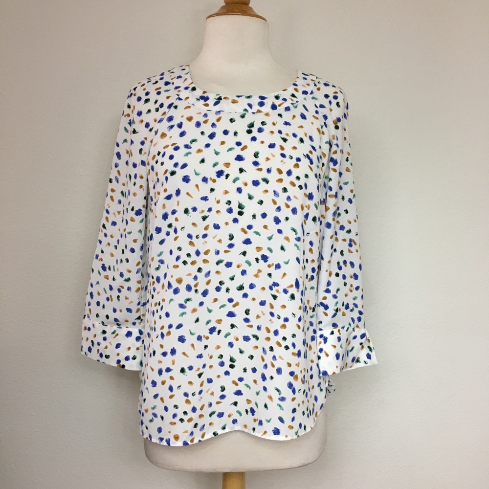 3/$25 Serein Women's White Multi Abstract Dot Flowy Blouse Size Small Coastal